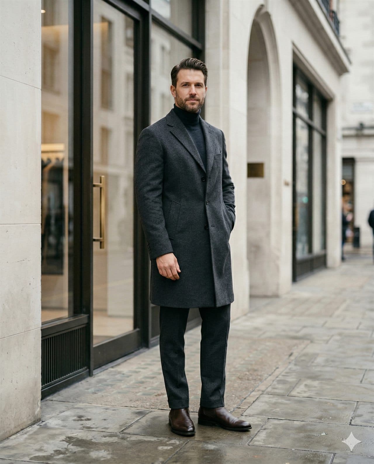 Adult male model in a charcoal overcoat photographed in a premium urban setting.